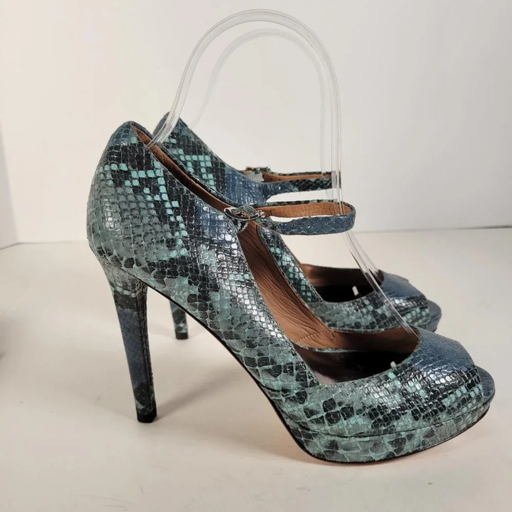 Coach Teal and Navy Snakeskin Mary Jane Peep-Toe Heels—Sz 6.5